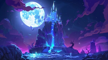In the dark of night, a fairy castle flies in the dark sky on a rock above a mountain gorge. Fantasy fortress at full moon in a midnight landscape cartoon. - obrazy, fototapety, plakaty