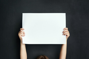 Hands, studio and blank poster with mockup for stop Palestine conflict, human rights support or...