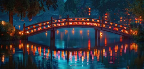 A bridge of paper lanterns ablaze with color, floating gracefully over a serene lake.