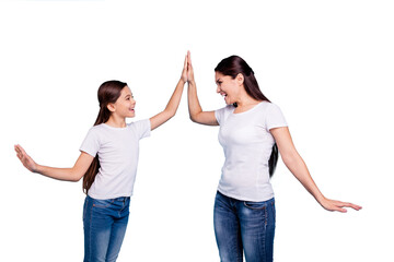 Close up photo pretty two people brown haired mum small little daughter clapping arms...