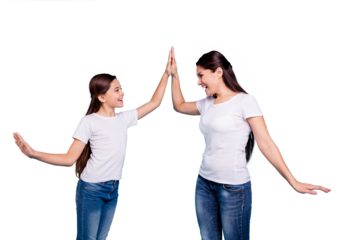 Close up photo pretty two people brown haired mum small little daughter clapping arms self-confidently stand win winner family games victory wear t-shirts isolated bright blue background