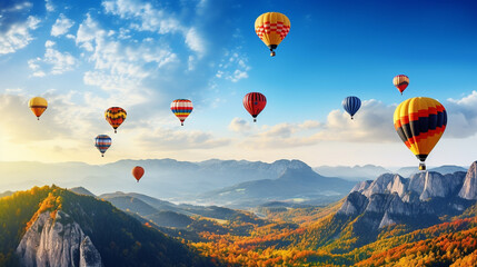 Colorful hot air balloons fly over the mountains, in forest and blue sky with clouds.
