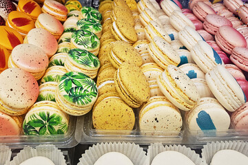 Traditional colorful Macaroons in a row