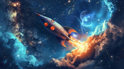 A whimsical depiction of a space-themed wallpaper adorned with a delightful cartoon rocket traversing through a captivating galaxy of swirling stars