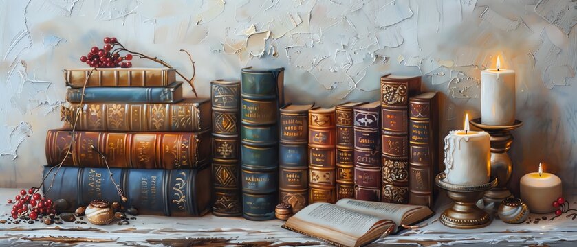 A painting of a collection of old books and candles on a wooden table.