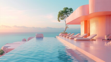 Naklejka na ściany i meble A beautiful landscape of the hotel with a pool of pink colors with a beautiful view of the sea