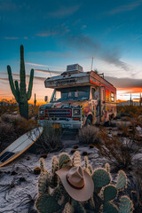 Adventurous Surfing Cowboy's Comedic Deserted RV Trip at Sunset - obrazy, fototapety, plakaty