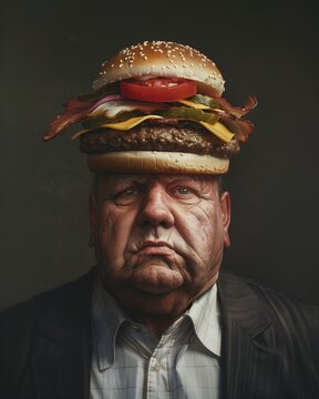 Naklejki Senior Man in suit with tasty burger instead of his head on dark background. AI Generated