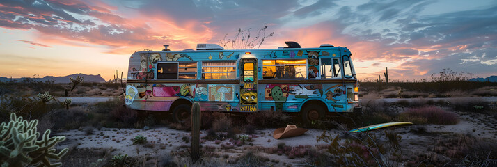 Adventurous Surfing Cowboy's Comedic Deserted RV Trip at Sunset - obrazy, fototapety, plakaty