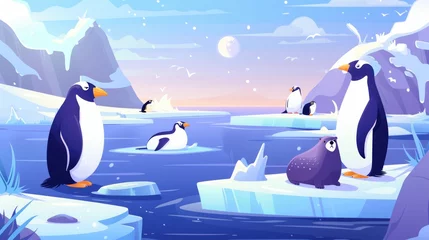 Foto auf Glas An array of wild penguins, polar bears, and seals sit on ice floes in the ocean. Antarctica or North Pole residents in the open air. Animals in nature modern web banner set. © Mark