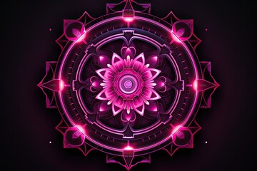 Abstract fractal background with mandala made of luminous pink lines.Geometric Neon Shapes, Symmetrical Flower Abstract, Colorful Light.