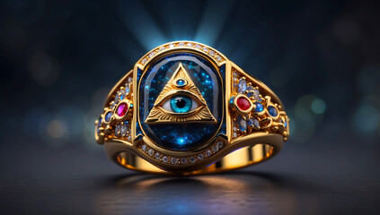 A gold ring with a pyramid and an all-seeing eye on it