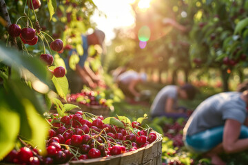 The cherry harvest in an orchard, focusing on the abundance of cherries being picked from the trees - Generative AI - obrazy, fototapety, plakaty