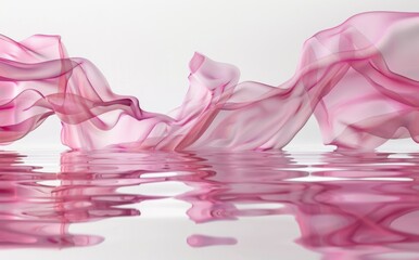 3D rendering of water surface, clear water surface, floating pink transparent silk fabric in floating fabric style, white background, C4d modeling with octane rendering