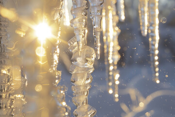 A cascade of icicles illuminated by sunlight - Generative AI