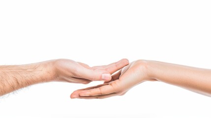 On a white background, men's hands hold the palm of a woman.