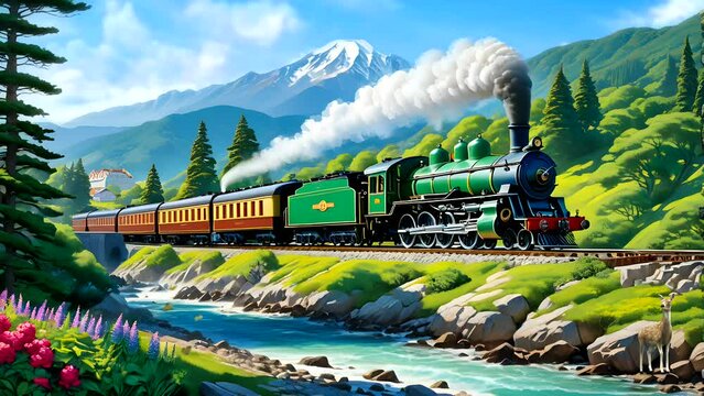 Steam train with a deer in river in the mountains