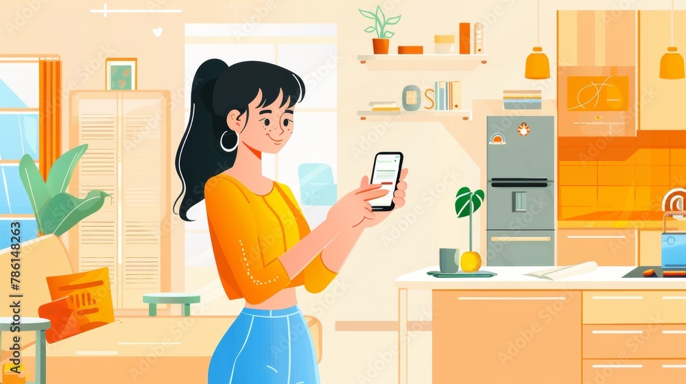 Poster woman holding a smartphone and controlling all parameters of a smart home using touches.