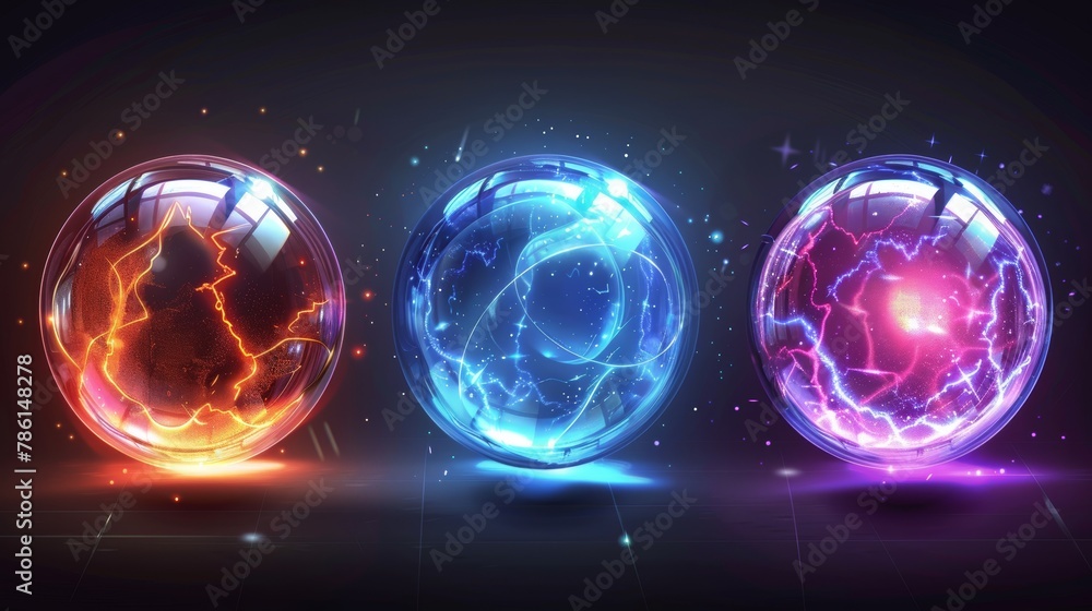 Poster a modern realistic set of 3d safety power barriers and magic glass spheres with white patterns and g