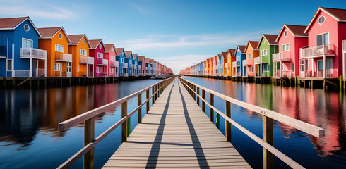 Colorful Lakefront Row Houses under Blue Sky