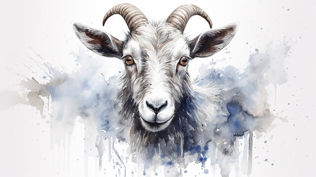Horned goat is a pet in a spray of watercolor paints