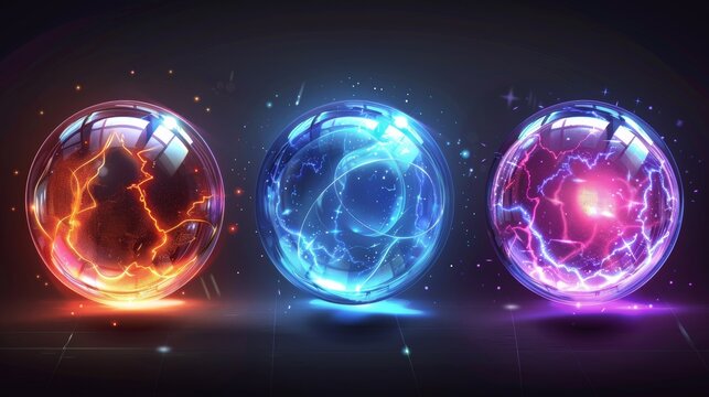 A modern realistic set of 3D safety power barriers and magic glass spheres with white patterns and glows isolated on a black background featuring energy bubble shields and shiny force fields.