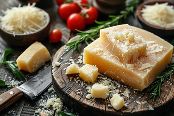 Fresh Parmigiano cheese on a wooden cutting board, ready for slicing.