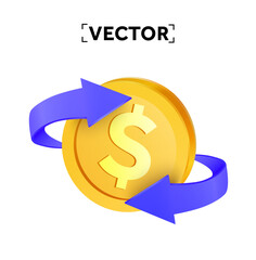 Fototapeta premium 3d cashback icon with golden coin, dollar sign and arrows, isolated on background. 3d cashback symbol, saving and earning icon. Vector illustration. Vector illustration