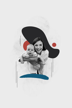 Vertical creative collage image of charming woman hold little baby mother day love celebration concept unusual fantasy billboard comics