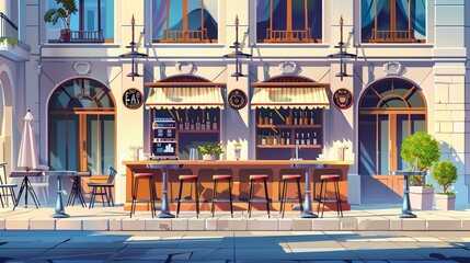 The facade of a city cafe with wide glasses, vintage design, cartoon modern illustration is a high chair and a bar counter out in front of the arched window. City cafe with wide glasses, wooden bar - obrazy, fototapety, plakaty