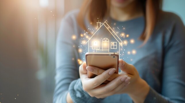 The image shows a woman using her smartphone to make real estate transactions.