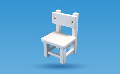 3D chair on a light blue background. The chair is made of white wood. A white empty kitchen chair. The concept of furniture production. 3D rendering of the illustration