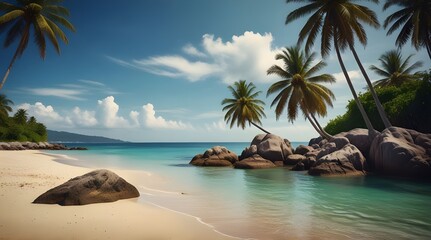Vintage tropical beach (seascape) with palm tree in summer. Landscape of coast. vintage effect color tone.generative.ai 