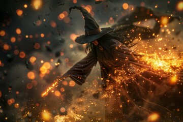 A witch is flying through a fiery storm, with sparks - obrazy, fototapety, plakaty