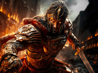 Male warrior with sword. man outdoor. city in the fire. athletic soldier who doing fitness and professional sports. Person wearing spartan armored costume with helmet. Spartan warrior with iron mask.