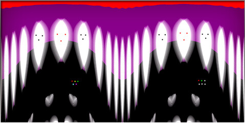 Abstract, white ghosts with three black dots for eyes and a mouth, float above a mirrored landscape with a purple sky, within a border