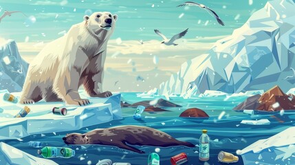Polar bear and seal on glacier with garbage floating in the ocean on plastic ocean posters. Modern flyers of wild arctic animals and waste. - obrazy, fototapety, plakaty