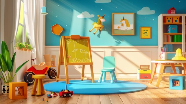 A cartoon interior of a nursery room with an easel for children to draw, a unicorn, a car, and cubes. Modern flyers of kindergarten or daycare centers with toys and furniture.