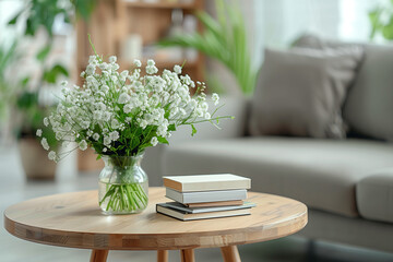 Modernes Interieur, runder Holztisch mit Büchern und einer Vase im Vordergrund, graues Sofa vor einem Fenster mit Frühlingsblumen, unscharfer Hintergrund eines modernen Wohnzimmers, Wohnkultur Konzept