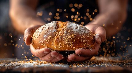 A person is holding a loaf of bread with sesame seeds on top. Close-up of a baker's hands holding a handmade whole grain bread, a rustic wooden table in the background dusted with whole wheat flour - Powered by Adobe