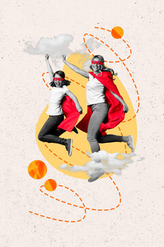 Vertical image collage of happy cheerful mom and daughter superheroes have fun fly air in clouds isolated on drawing background