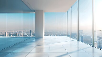 Modern glass-walled office space with panoramic city view. Contemporary interior design. Bright and minimalist. Ideal for business and real estate. AI