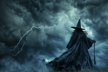 A witch is standing in a field with a lightning bolt in the air - obrazy, fototapety, plakaty