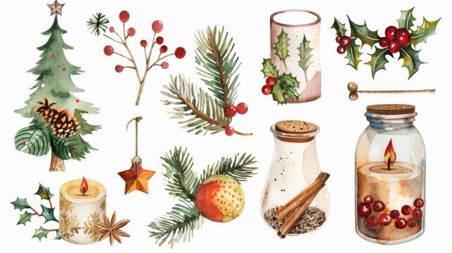 Symbolizing the festive season and using traditional elements for decoration. Spices, decorations, candles, compositions, trees and plants. Compositions of a Christmas mood on a white background.