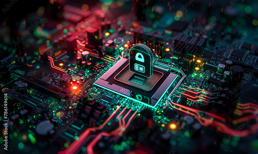Poster cybersecurity computer motherboard closeup with lock, login, credentials verification concept - tech