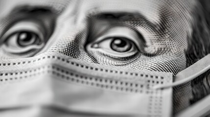 Close-up of a monochrome portrait on currency with a face mask. Conceptual financial health image. Illustration of economic impact of pandemics. Creative and impactful design. AI