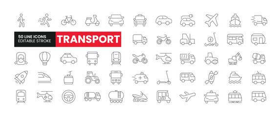 Set of 50 Transportation line icons set. Transport outline icons with editable stroke collection. Includes Bus, Snowmobile, Rickshaw, Cruise Ship, Motorcycle, and More.