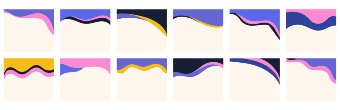 Array of varied shapes for use in headers or footers on square posts or websites. Ornamental separator for creative design showcased in a basic vector flat style. Striking y2k-inspired color palette.