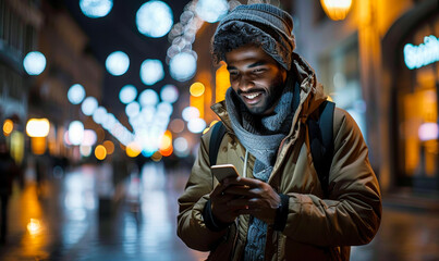 Obraz premium Handsome smiling young black professional urban worker texting on smartphone 5G social media tech city lifestyle