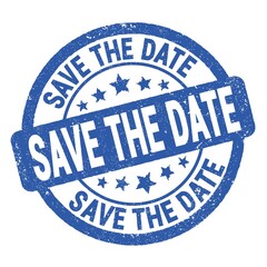 SAVE THE DATE text written on blue round stamp sign.